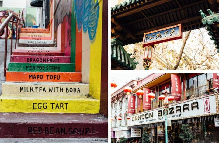 chinatown gate, storefront and painted steps