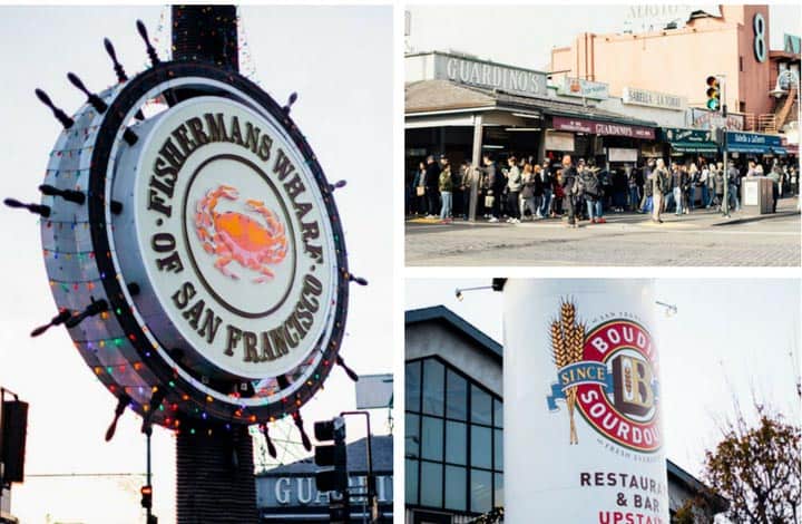 fisherman's wharf sign, boudin stack, and street corner of food stalls