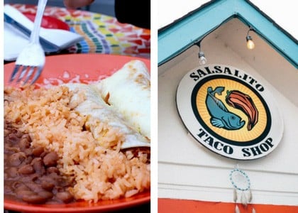 plate of enchiladas and salalito taco shop sign