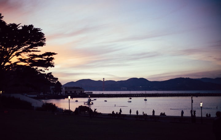 sunset view of golden gate bridge from ghiradelli square san francisco california