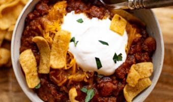 Nothing says comfort like a piping hot bowl of chili on a cool fall day! This version is made with ground beef, and is similar to the chili kits you can buy in the grocery store. This is an all time family favorite and a tradition on Halloween and Super Bowl Sunday!