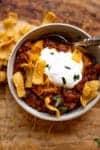 Nothing says comfort like a piping hot bowl of chili on a cool fall day! This version is made with ground beef, and is similar to the chili kits you can buy in the grocery store. This is an all time family favorite and a tradition on Halloween and Super Bowl Sunday!