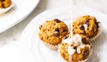 Pumpkin Chocolate Chip Muffins are moist and loaded with pumpkin flavor and studded with yummy chocolate chips! Great snack to have on hand during the holidays, or for a quick breakfast on the run or afternoon snack. Drizzle on some Maple Icing for an extra punch of fall flavor!