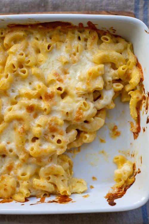 homemade baked mac and cheese in a casserole dish