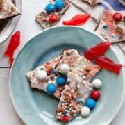 candy bark on a blue plate