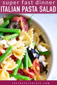 close up view of Italian Dressing Pasta Salad in a bowl with text overlay