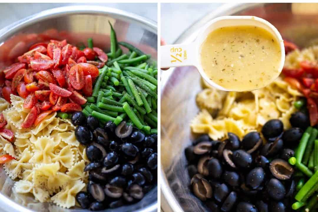 a collage of pictures showing chopped green beans, tomatoes, black olives and pasta in a bowl with italian dressing being poured over italian dressing pasta salad