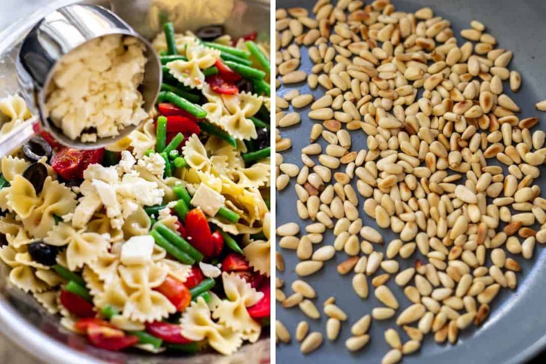 a collage showing italian dressing pasta salad with feta cheese and pinenuts being toasted