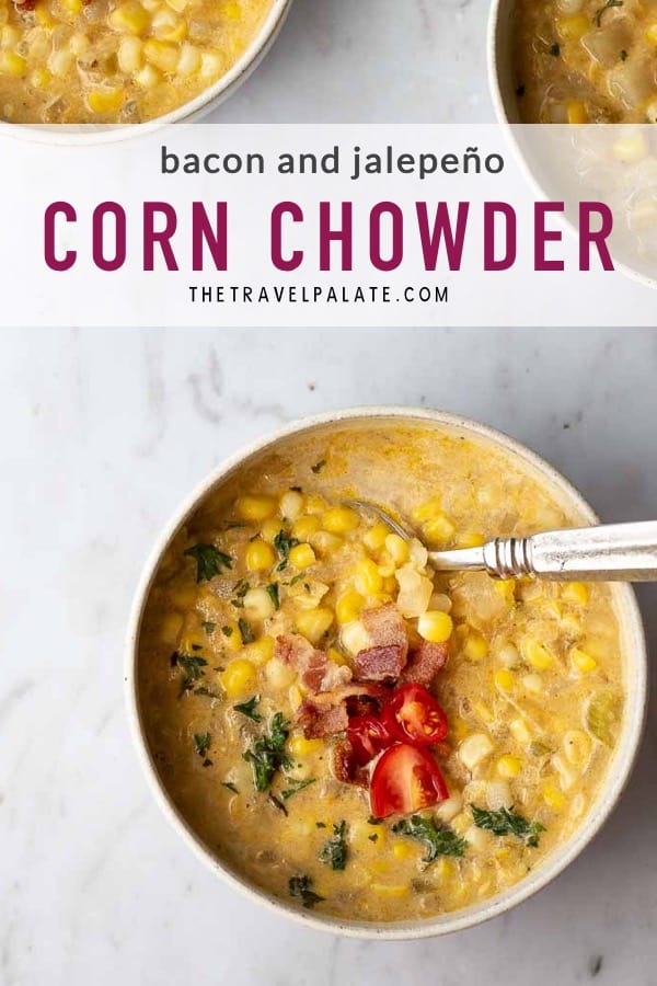 corn chowder in a white bowl with text overlay