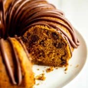 bundt cake on a white cake stand