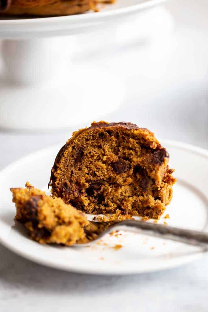 a slice of bundt cake on a white plate 