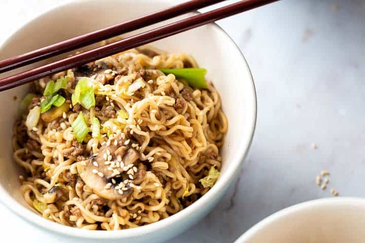 bowl of ramen noodles with ground beef