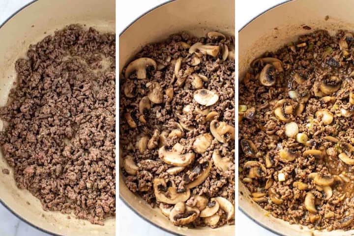 cooking ground beef with mushrooms and stir fry sauce