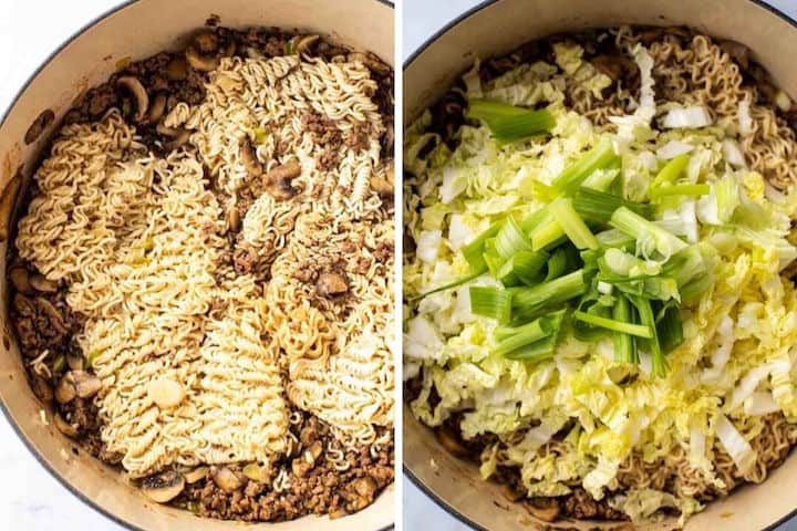 break up ramen noodles then add cabbage and green onions