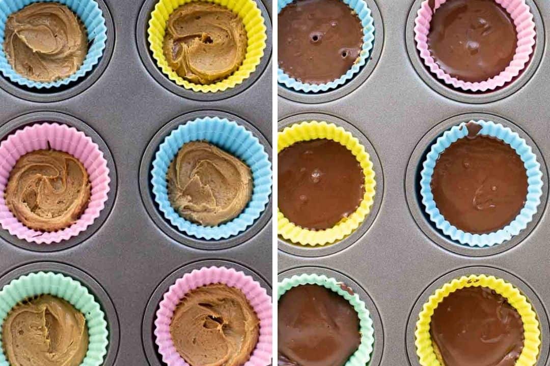 a layer of sunflower seed butter filling in slicone muffin liners; a layer of melted chocolate