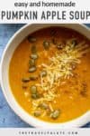 bowl of pumpkin soup with text overlay image for pinterest