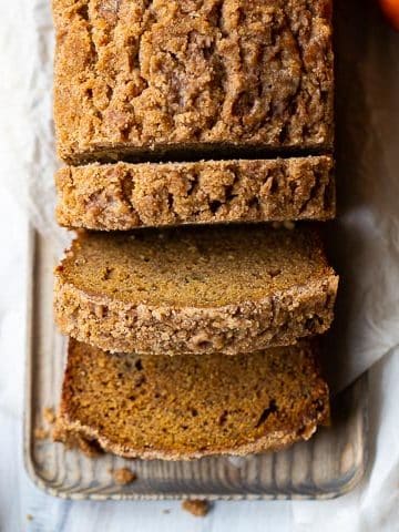 overhead view of banana pumpkin bread sliced