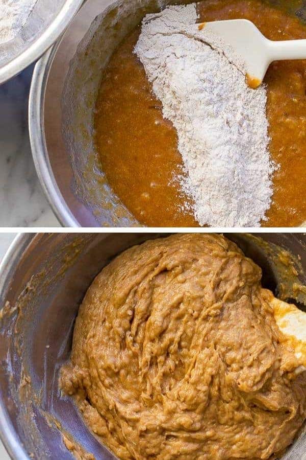 two photo collage of flour being mixed into batter