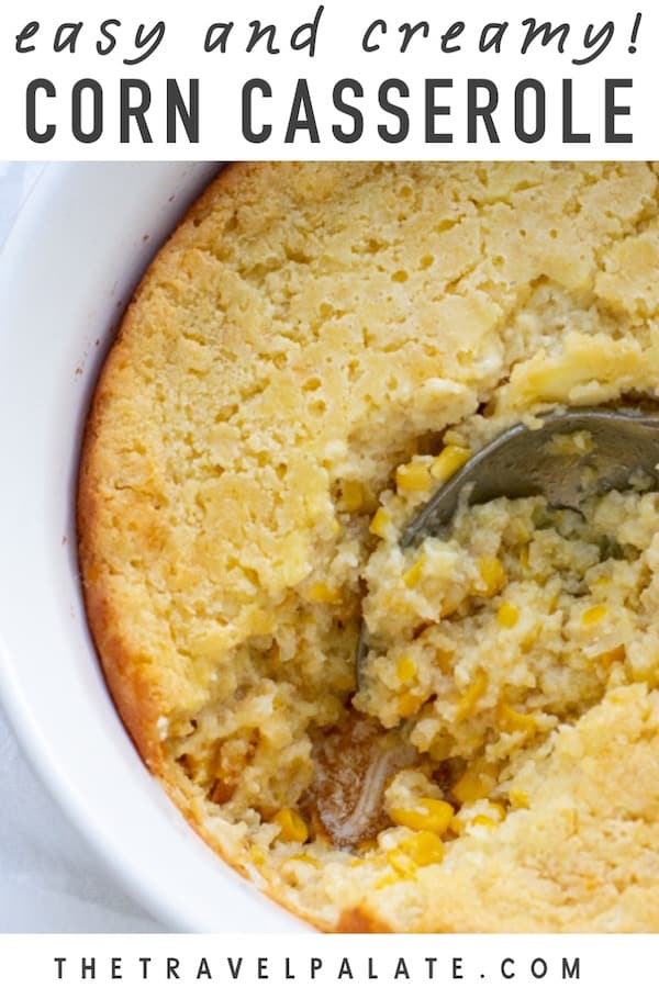 corn casserole being scooped out of serving dish with text overlay