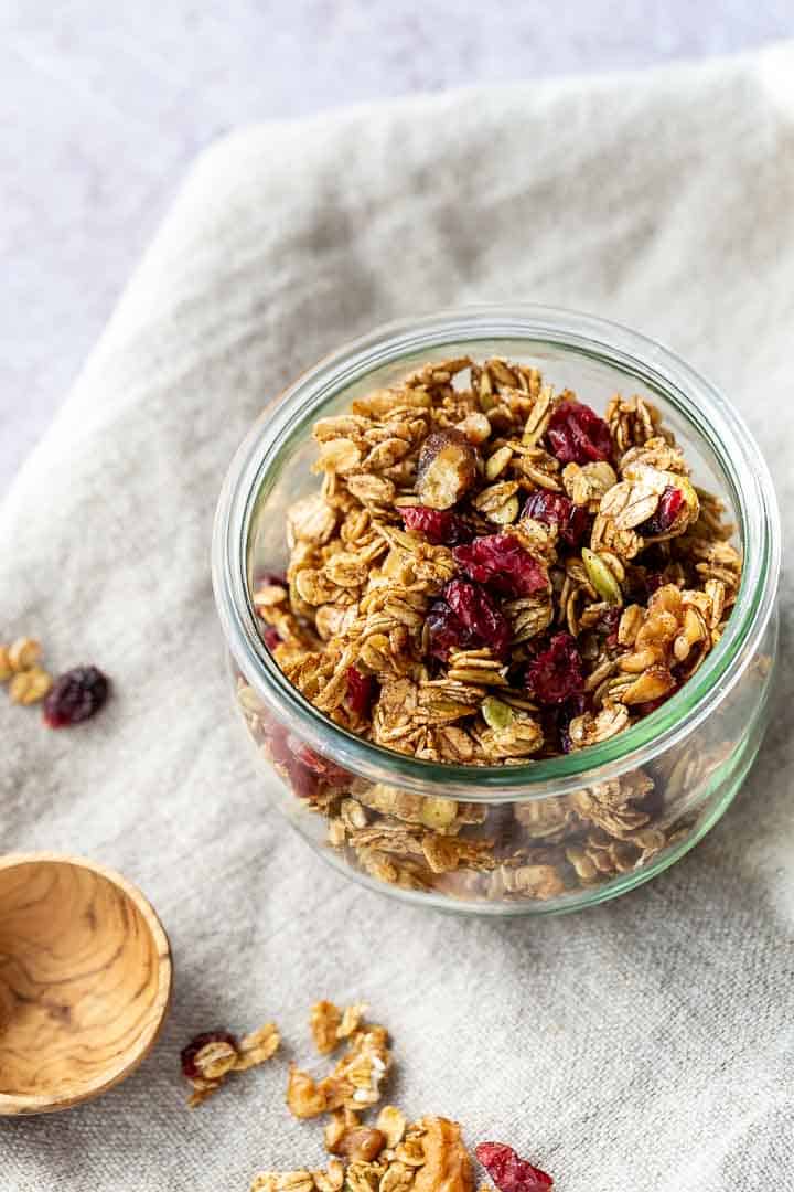 homemade granola recipe in a glass bowl homemade granola recipe in a glass bowl
