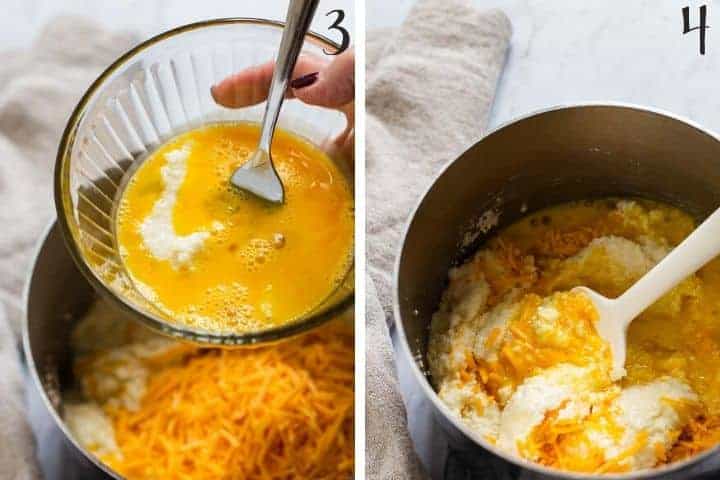 2 photo collage of tempering the eggs and stirring grits mixture in pan