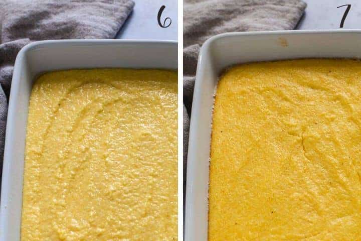 2 photo collage of grits in a casserole dish before and after being baked