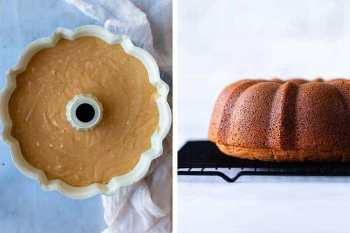 collage of bundt cake before and after baking