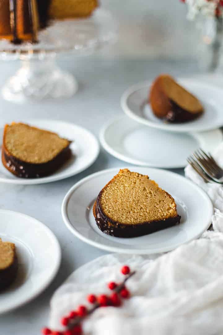 slices of bundt cake on white plates