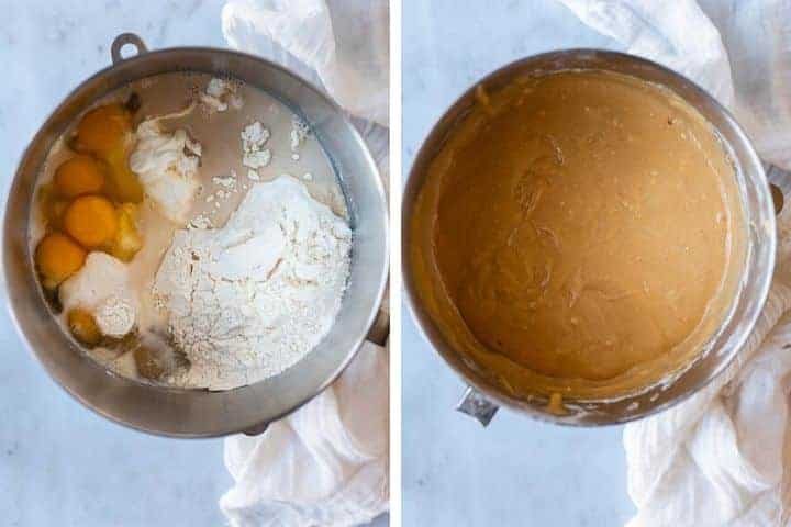 collage of bundt cake ingredients before and after being mixed