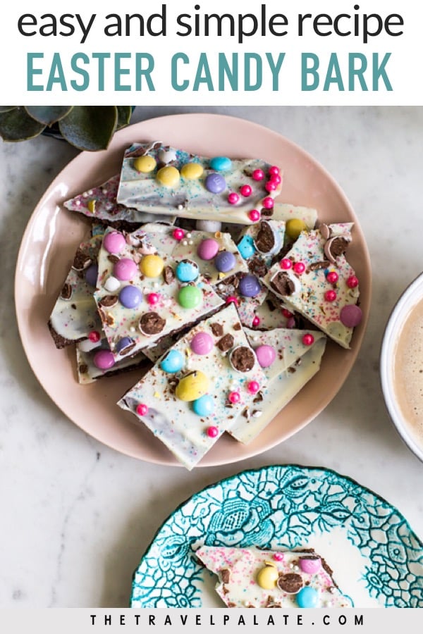 easter bark on a pink plate with text overlay