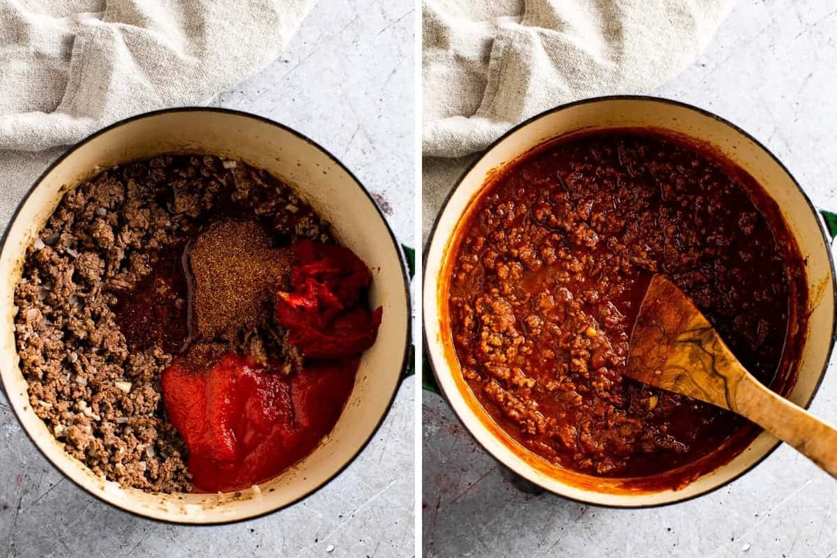 two photo collage ingredients going into a pot to make chili