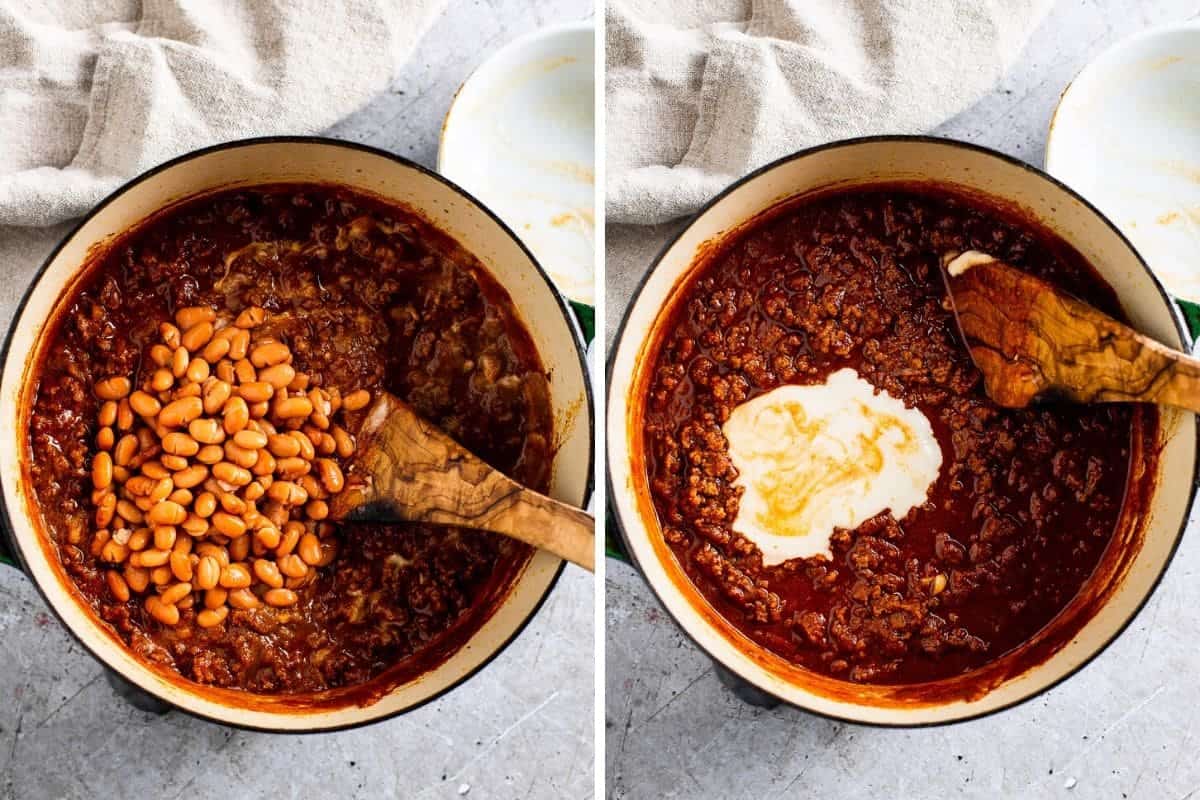 two photo collage of pinto beans and masa being added to a pot of chili 