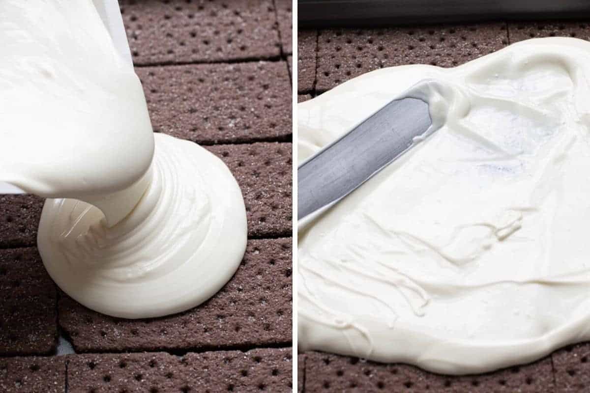  collage shot of pouring and spreading melted vanilla candy over chocolate graham crackers