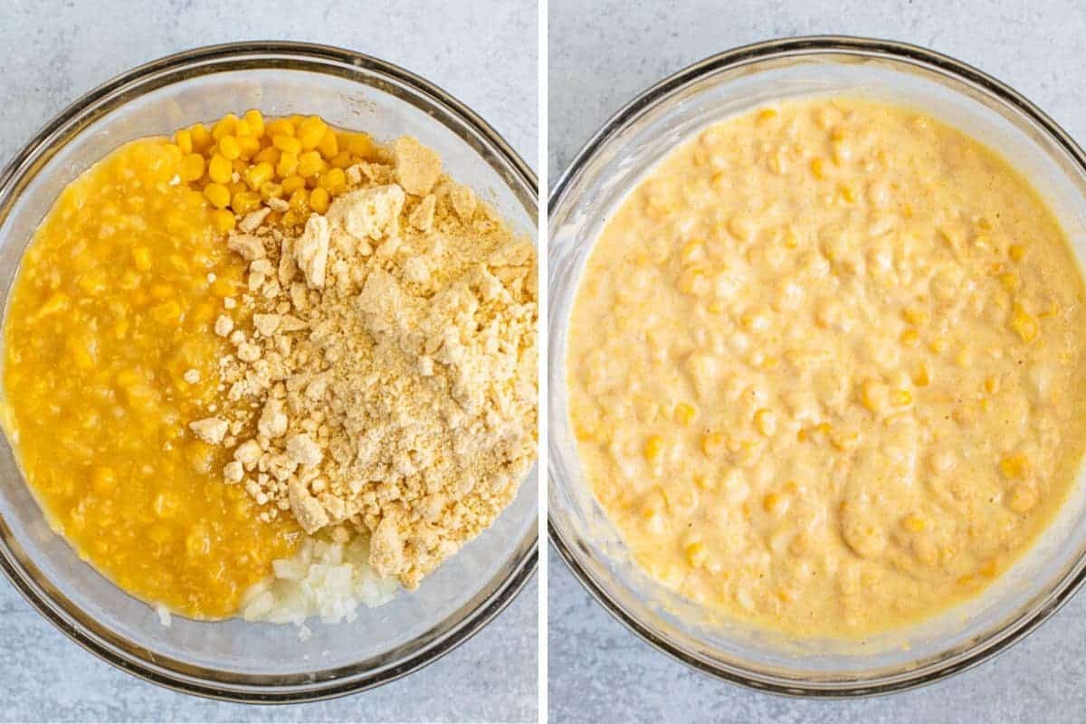 collage of canned corn and cornbread mix being blended together