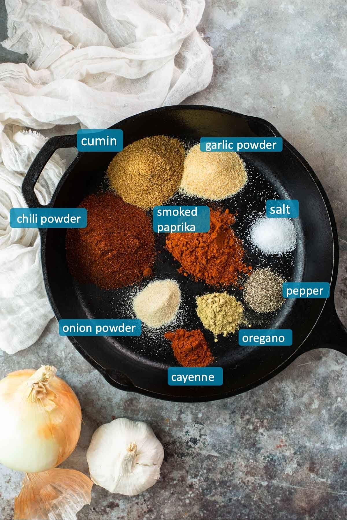 spices in a cast iron skillet with name labels