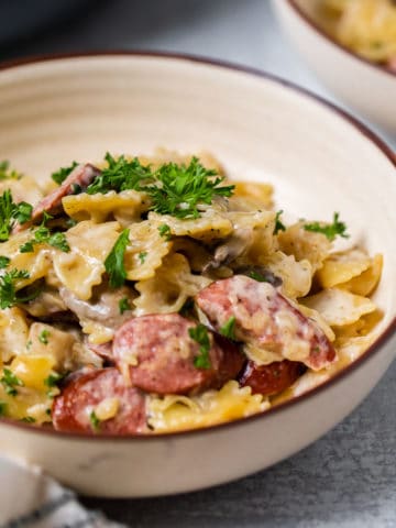 side angle of pasta recipe in a shallow bowl