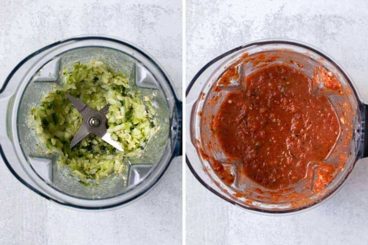 two photo collage-salsa ingredients being blended in a blender