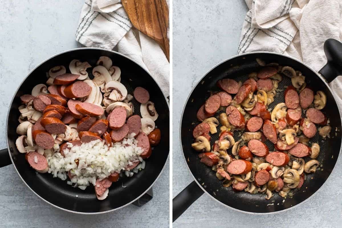 two photos showing onions, sliced smoked sausage and mushrooms cooking in a pan