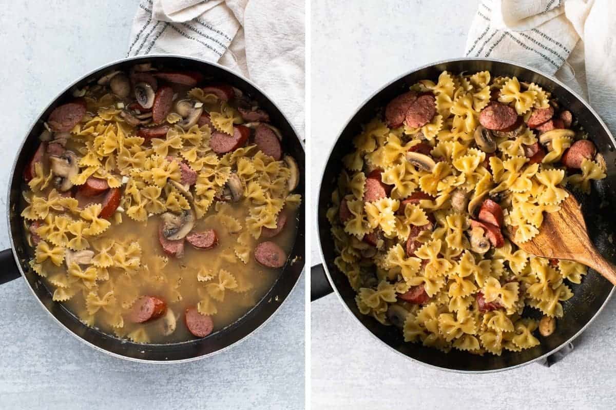 photo collage of pasta and liquids being added to pan