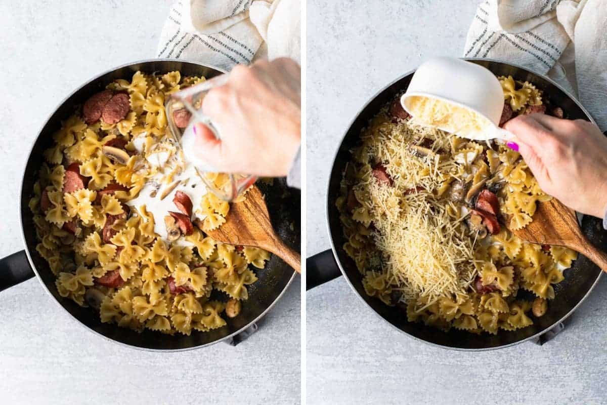 photo collage of cream and parmesan being added to skillet