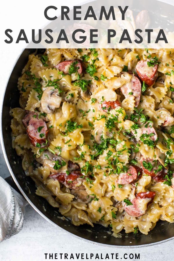 a skillet with a finished pasta dish pinterest graphic