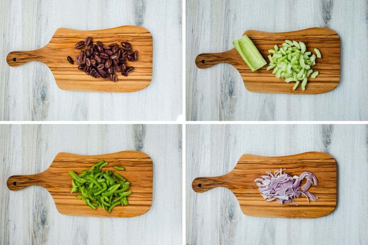 collage of olives, cucumber, green peppers, and red onion sliced on a cutting board