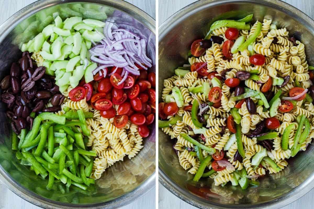 two photo collage of prepared salad ingredients in a large stainless steel bowl