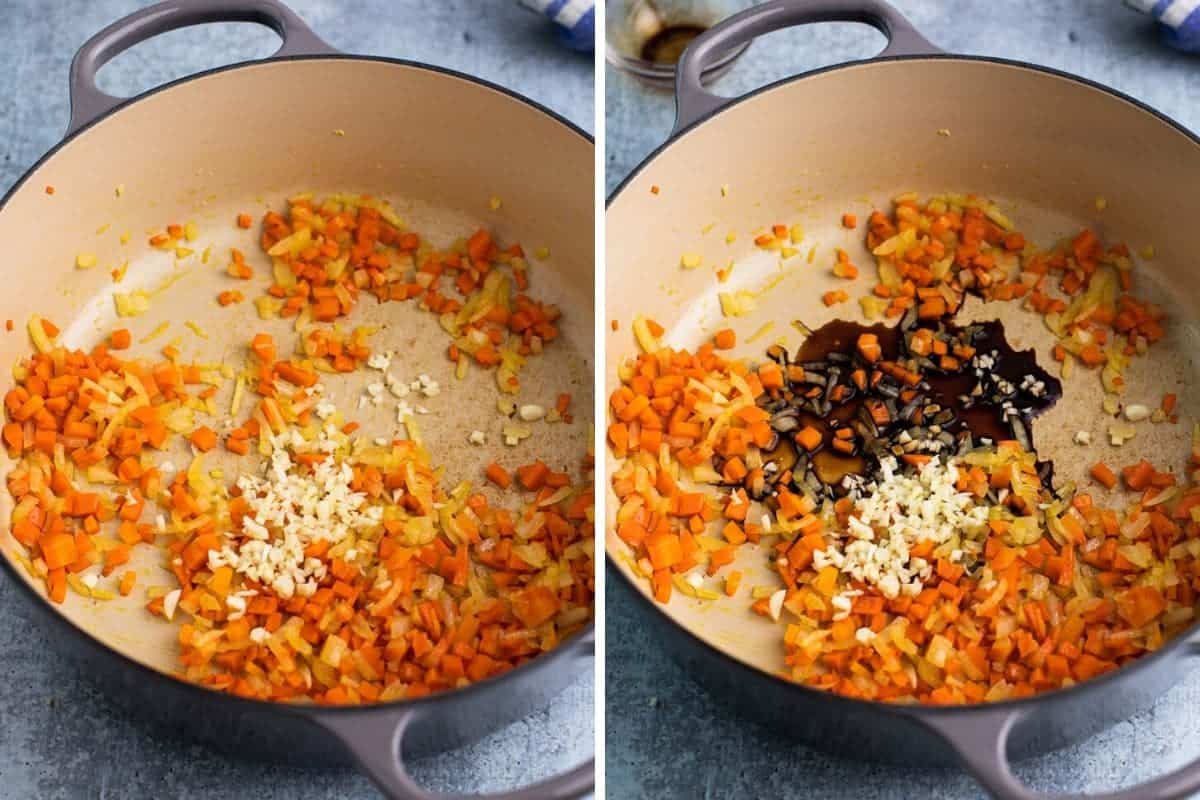 2 photo collage with carrots onions being cooked and adding balsamic vinegar