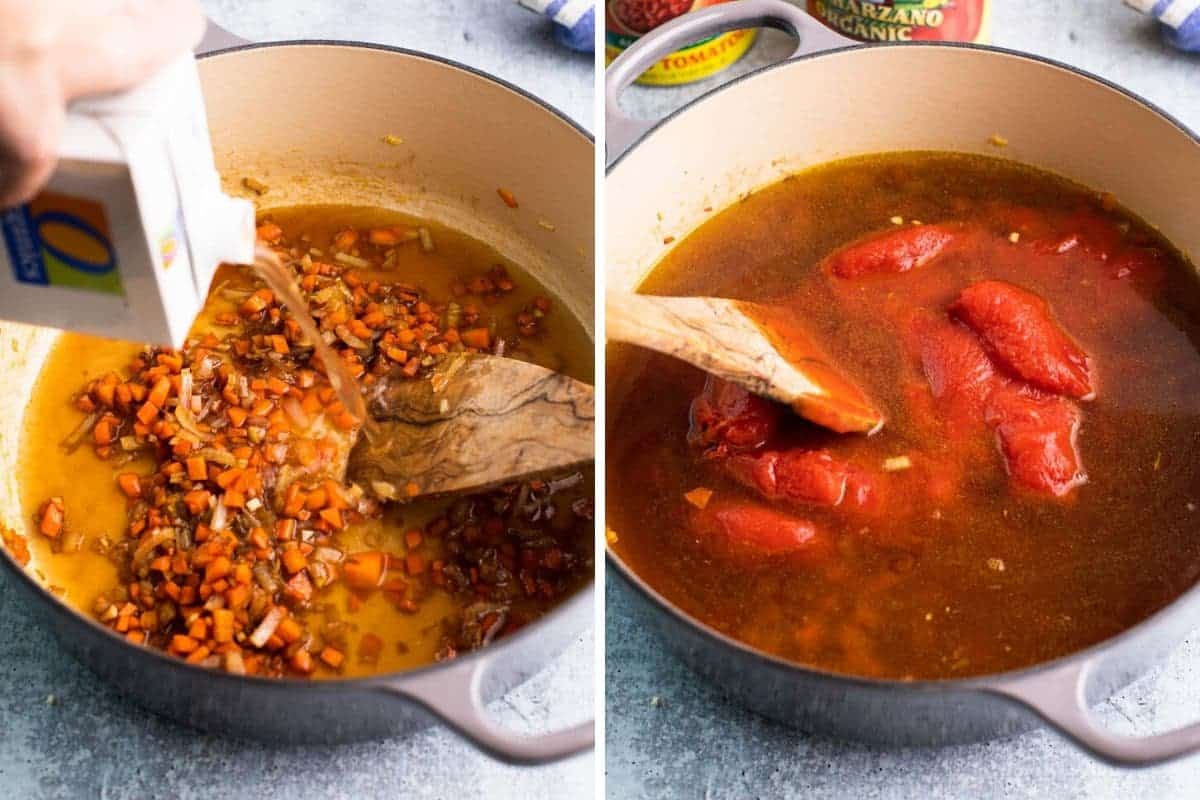 2 photo collage of broth and tomatoes being added to a stockpot