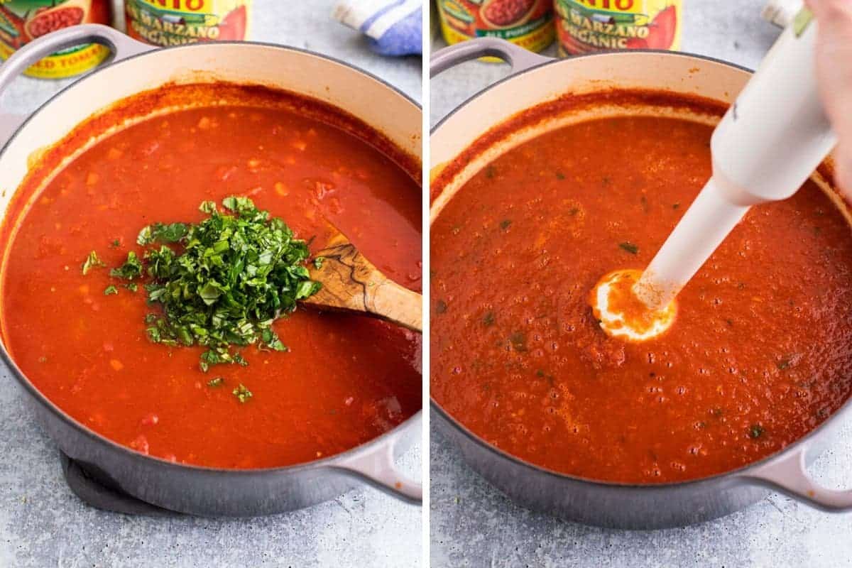 2 photo collage of adding basil and mixing with an immersion blender