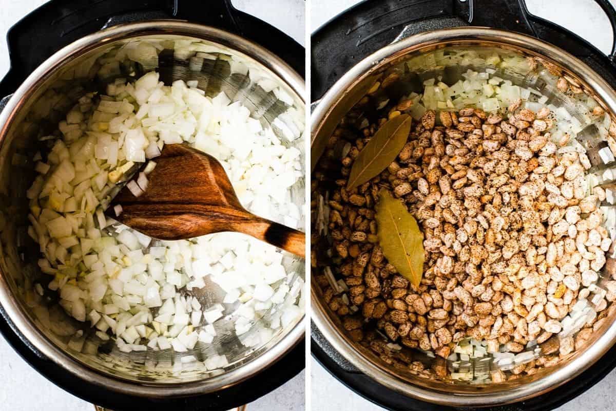 2 photo collage-onions being cooked in ip and adding beans and bay leaves