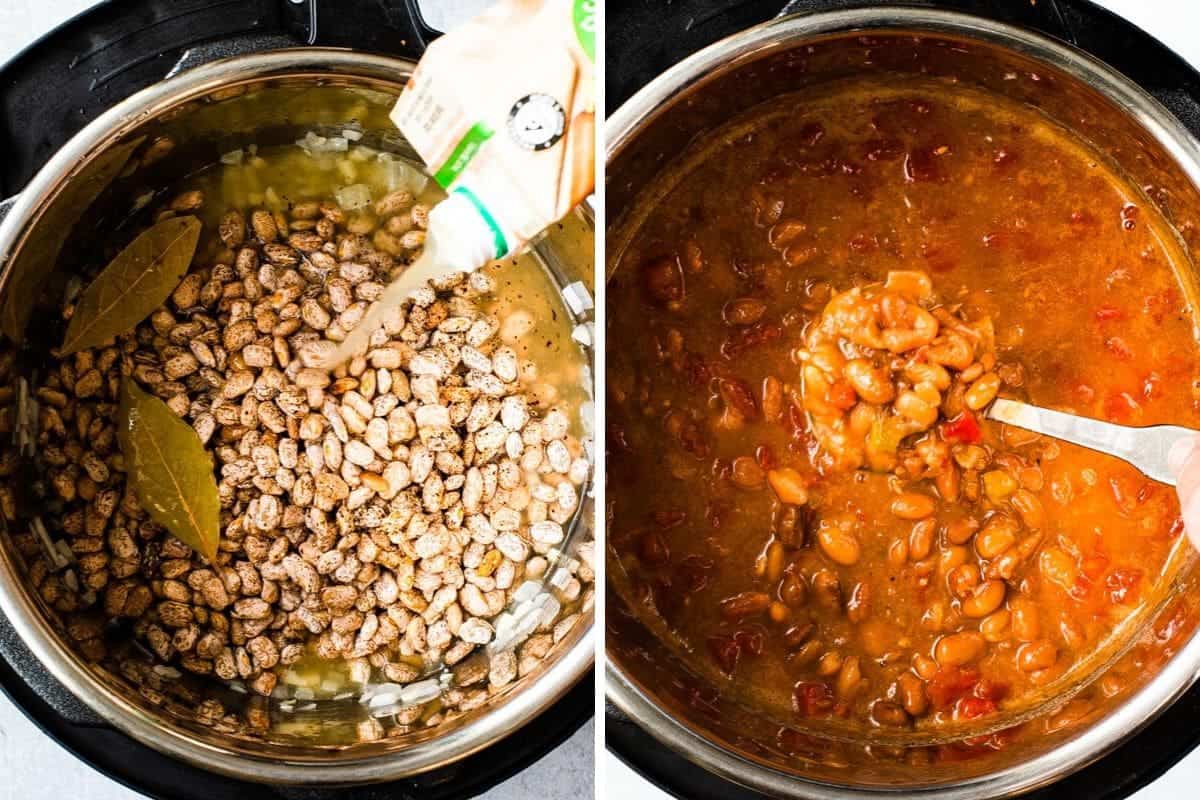 2 photo collage-adding broth to pot with beans and after cooked with tomatoes and green chillies added.