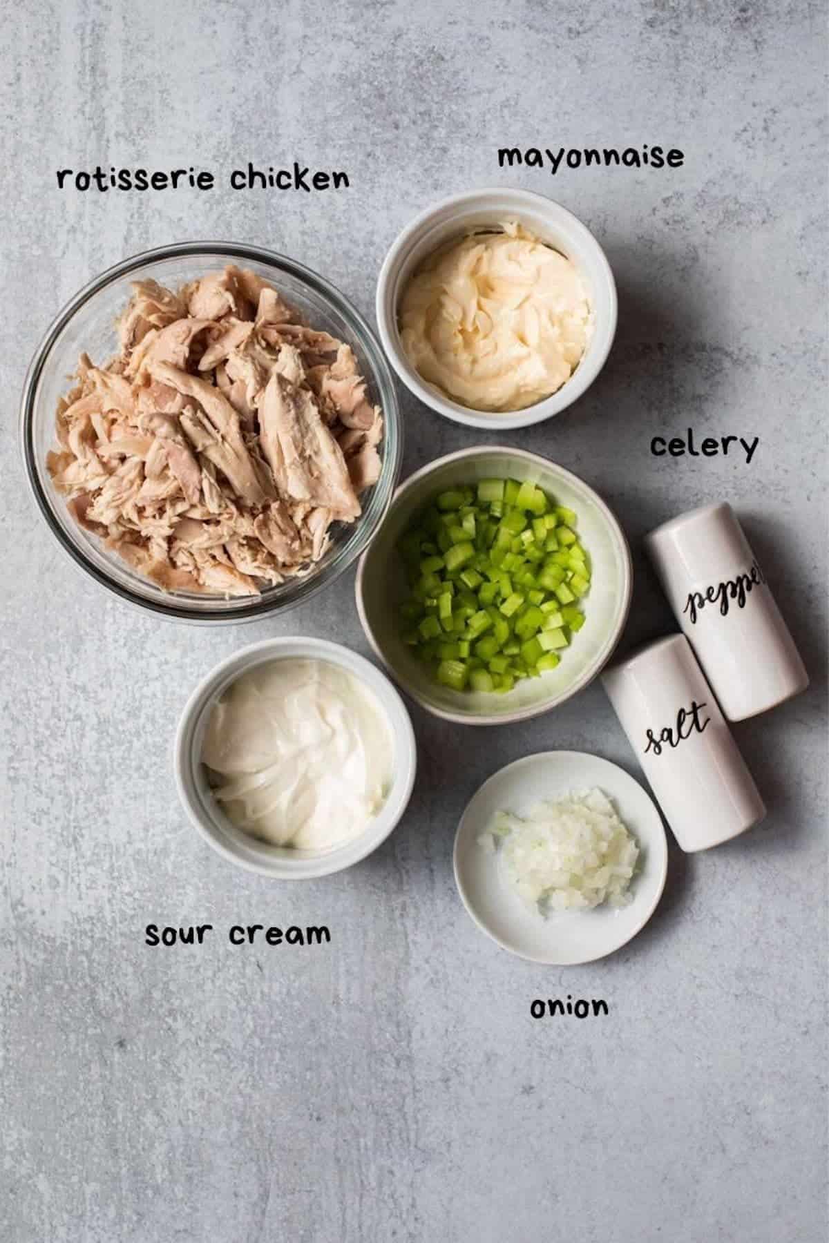 overhead view of shredded chicken, celery, onion, mayo, sour cream salt and pepper 