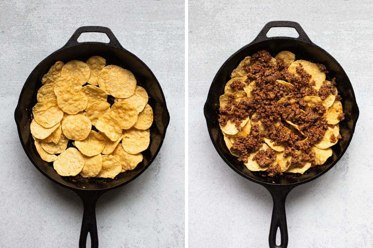 two photo collage on left a cast iron skillet with chips on right chips and cooked beef